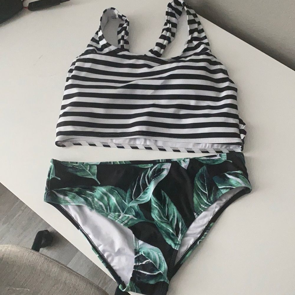 Striped plant print coord bikini set